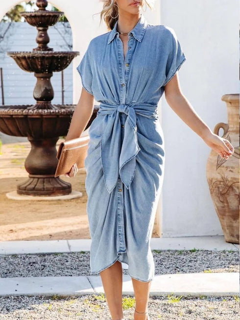 'Pinefold' Short Sleeve Denim Dress - Celes Fashion
